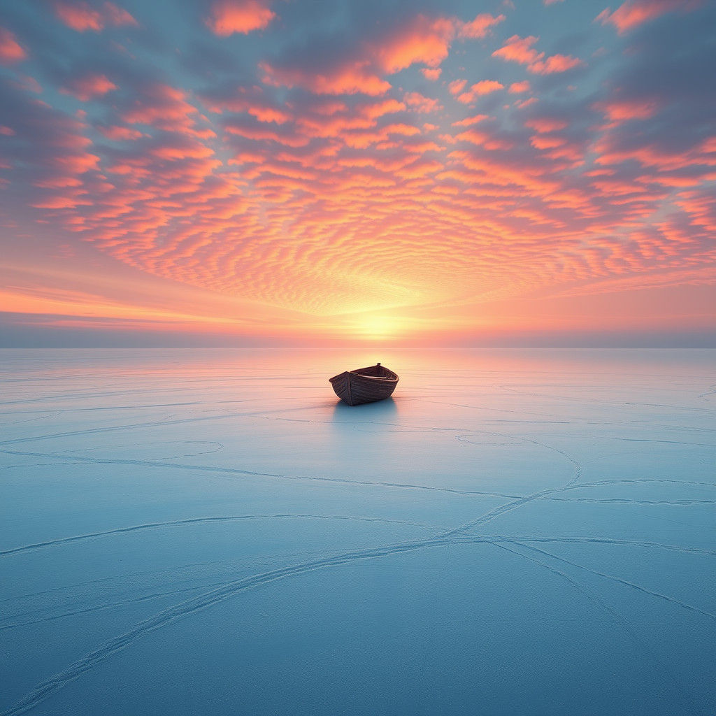 Frozen Lake Sunset: Boat Stranded in Snow
