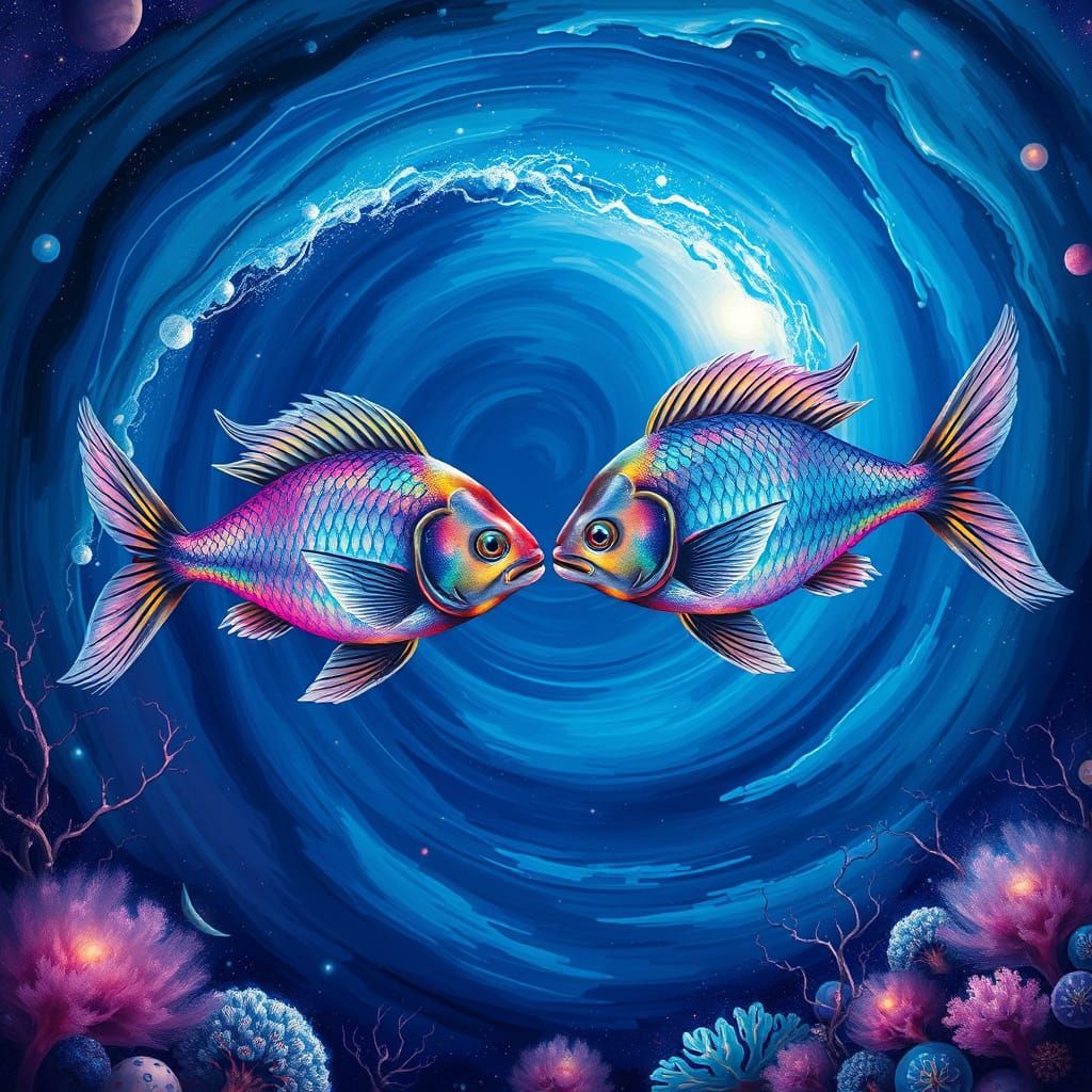 Cosmic Pisces Zodiac in Vibrant, Swirling Underwater Scene