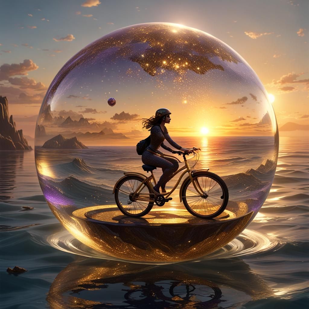 Woman in Golden Suit Biking in Orb, Fantasy Art