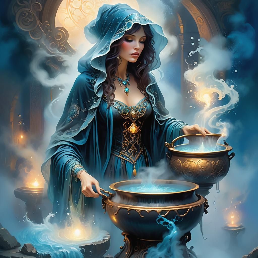 Mysterious Woman Beside Cauldron in Surreal Fantasy Art