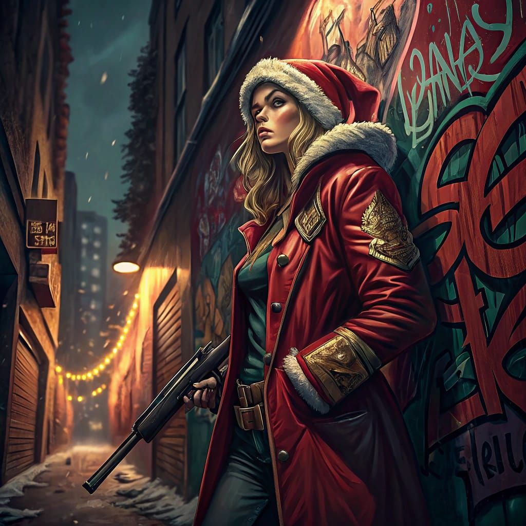 Surreal Female Santa Stands Firm in Dark Alley with Bold, Cr...