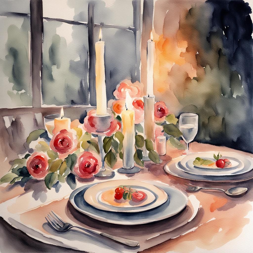 Romantic Candlelit Dinner in Watercolors
