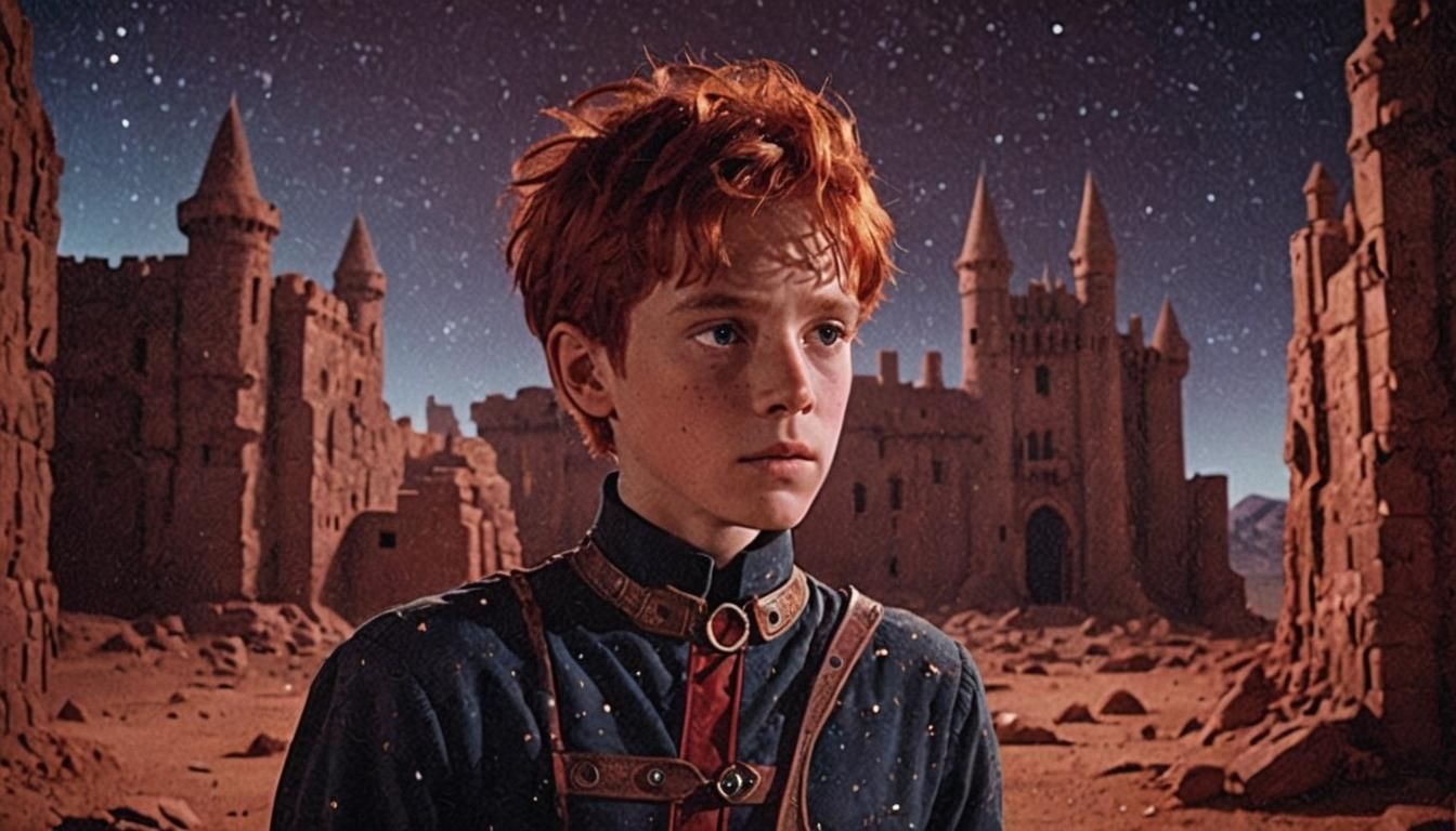Boy in Mystical Castle on Mars in Retro Style