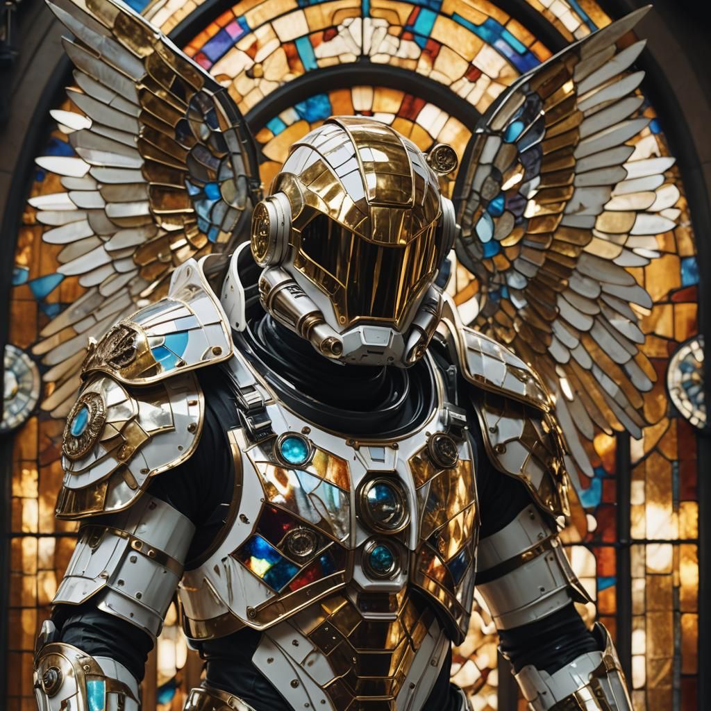 Biomechanical Astronaut in Golden Mask and Stained Glass Win...