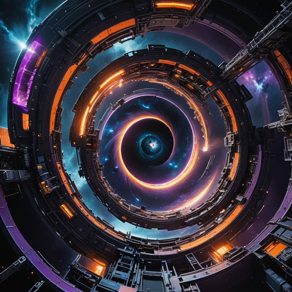 Grandiose Space Station Orbiting Black Hole in Surrealist St...