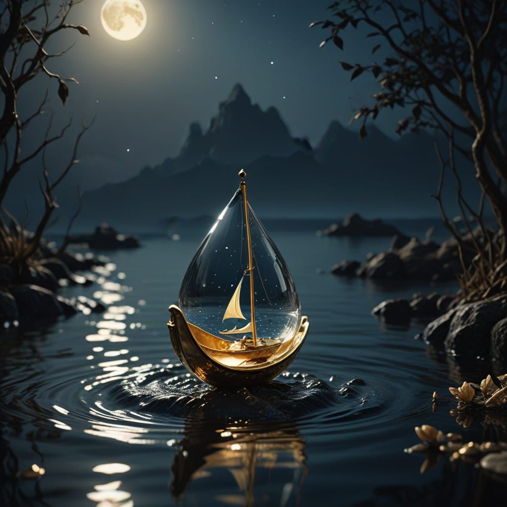 Ethereal Sailboat in Golden Drop: Dark Fantasy Masterpiece
