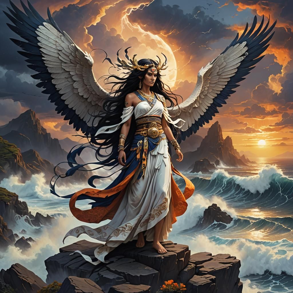 Majestic Winged Figure Overlooking Stormy Sunset