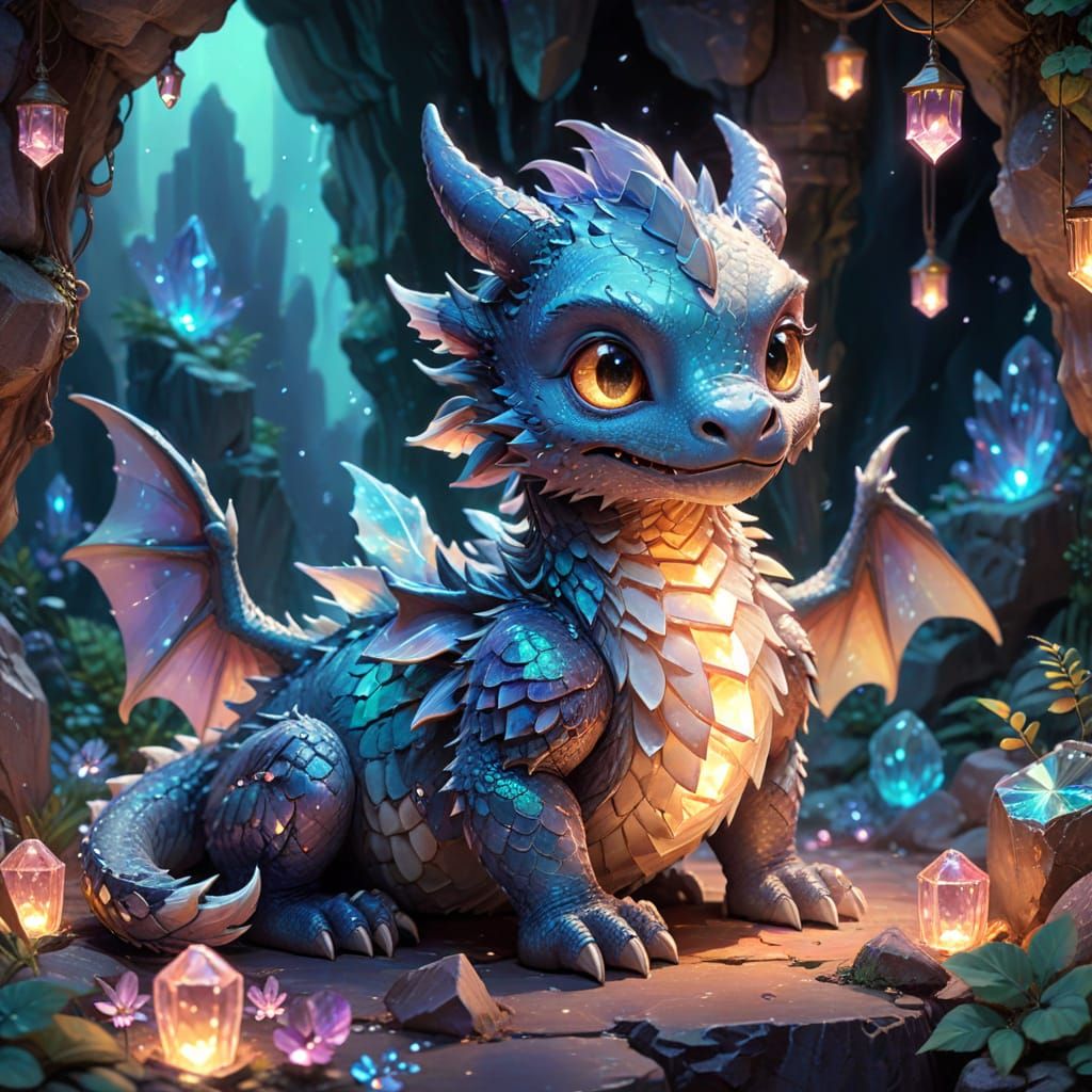 Chibi Dragon on Iridescent Crystals in Ghibli Style