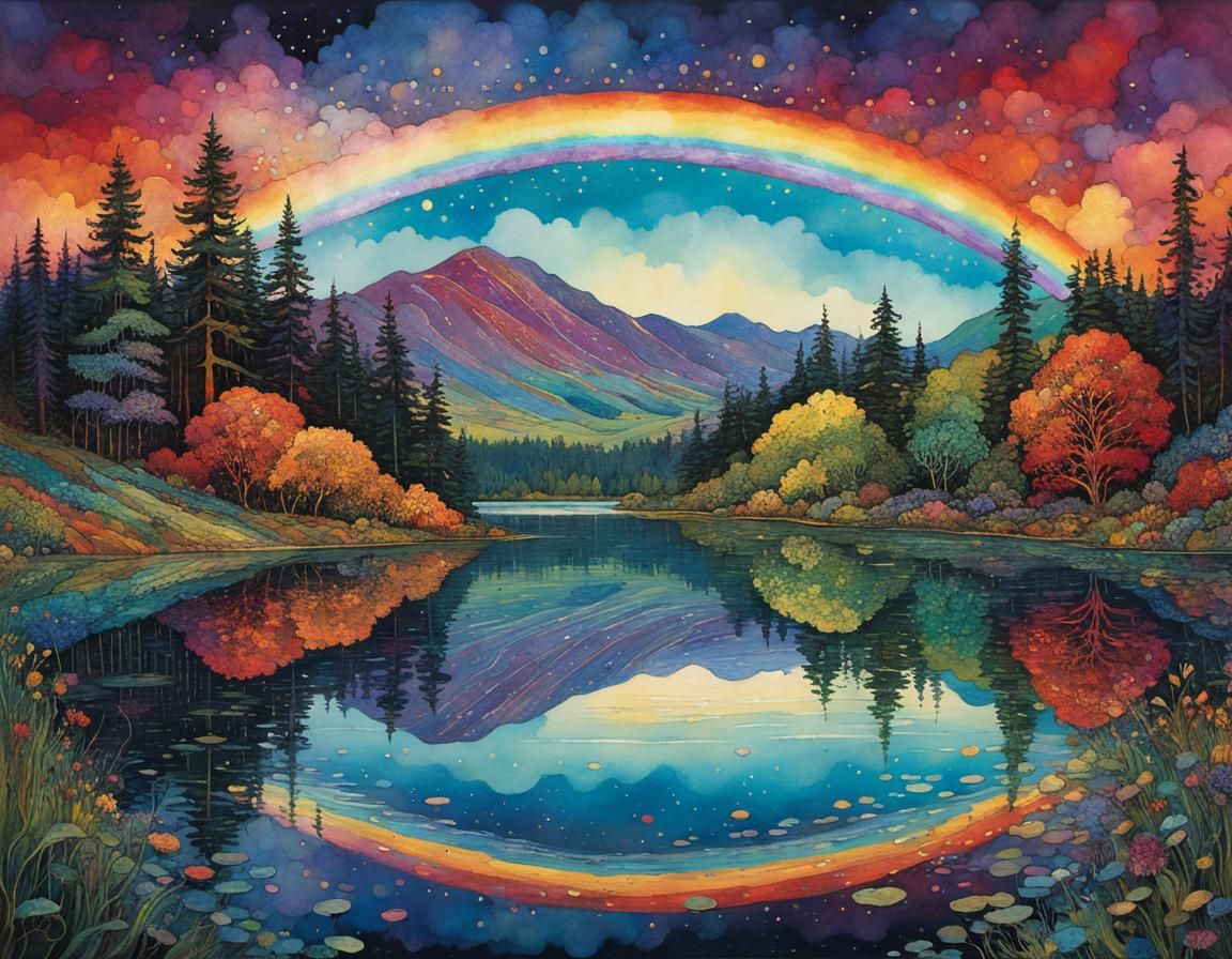 Full Rainbow Reflected in Serene Lake: Alcohol Ink Art