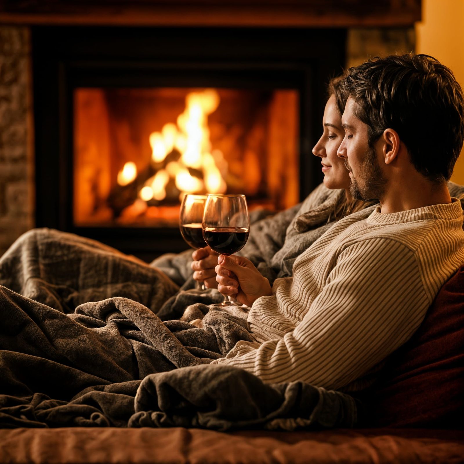 Cozy Couple by Fireplace: A Tranquil Evening