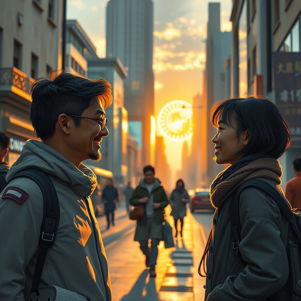 London 2100: Futuristic Reunion in Warm Sunset Glow