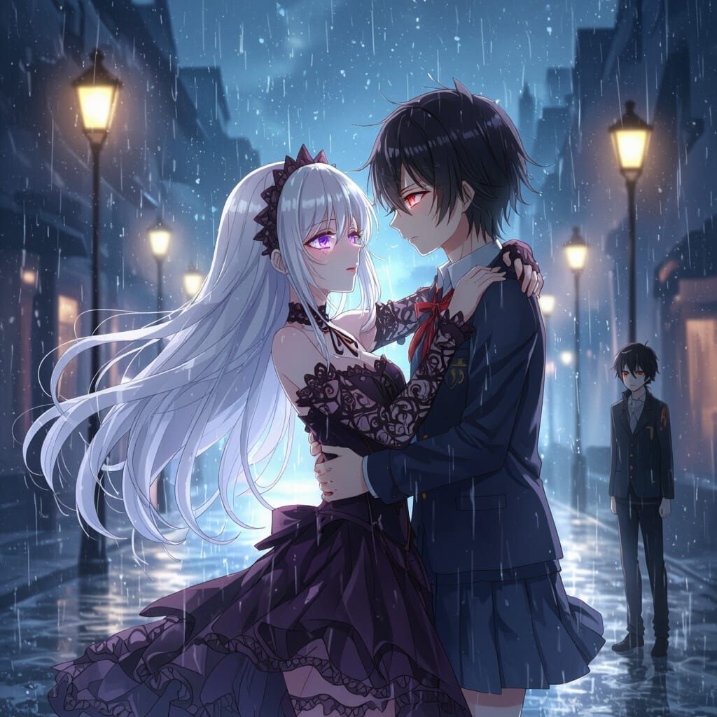 Anime Lovers Dancing in Rain Under Streetlights