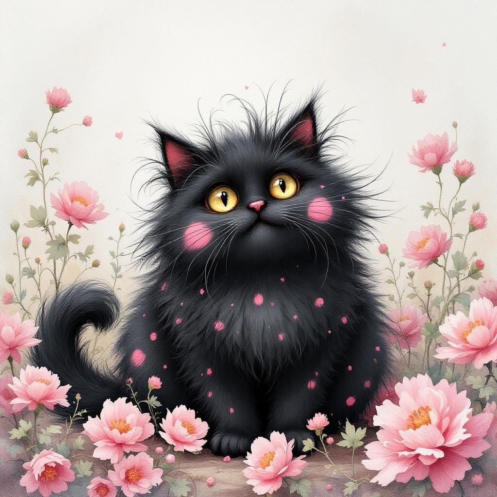 Whimsical Watercolor: Fluffy Pink-Spotted Cat in Flowers