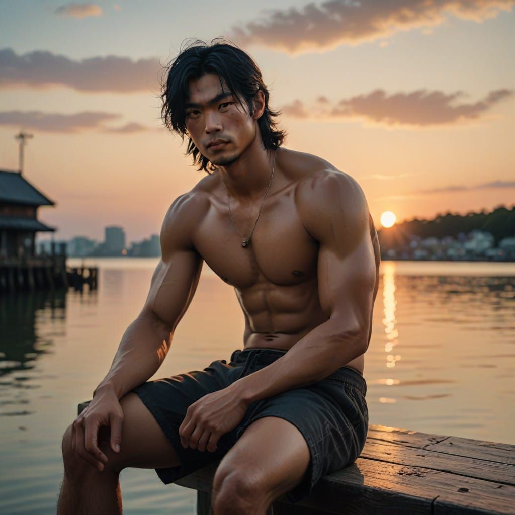 Serene Young Man on Weathered Pier