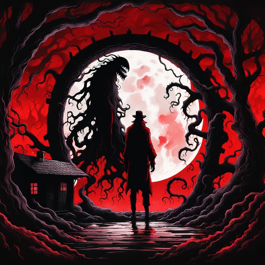 Eldritch Monster in Cabin, Ink Wash Silhouette