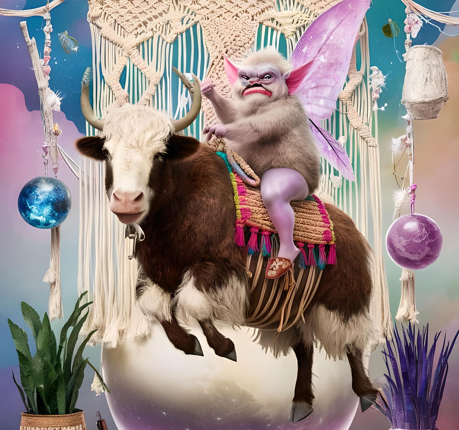Pixie Rides Levitation Yak in Surreal Macrame Scene