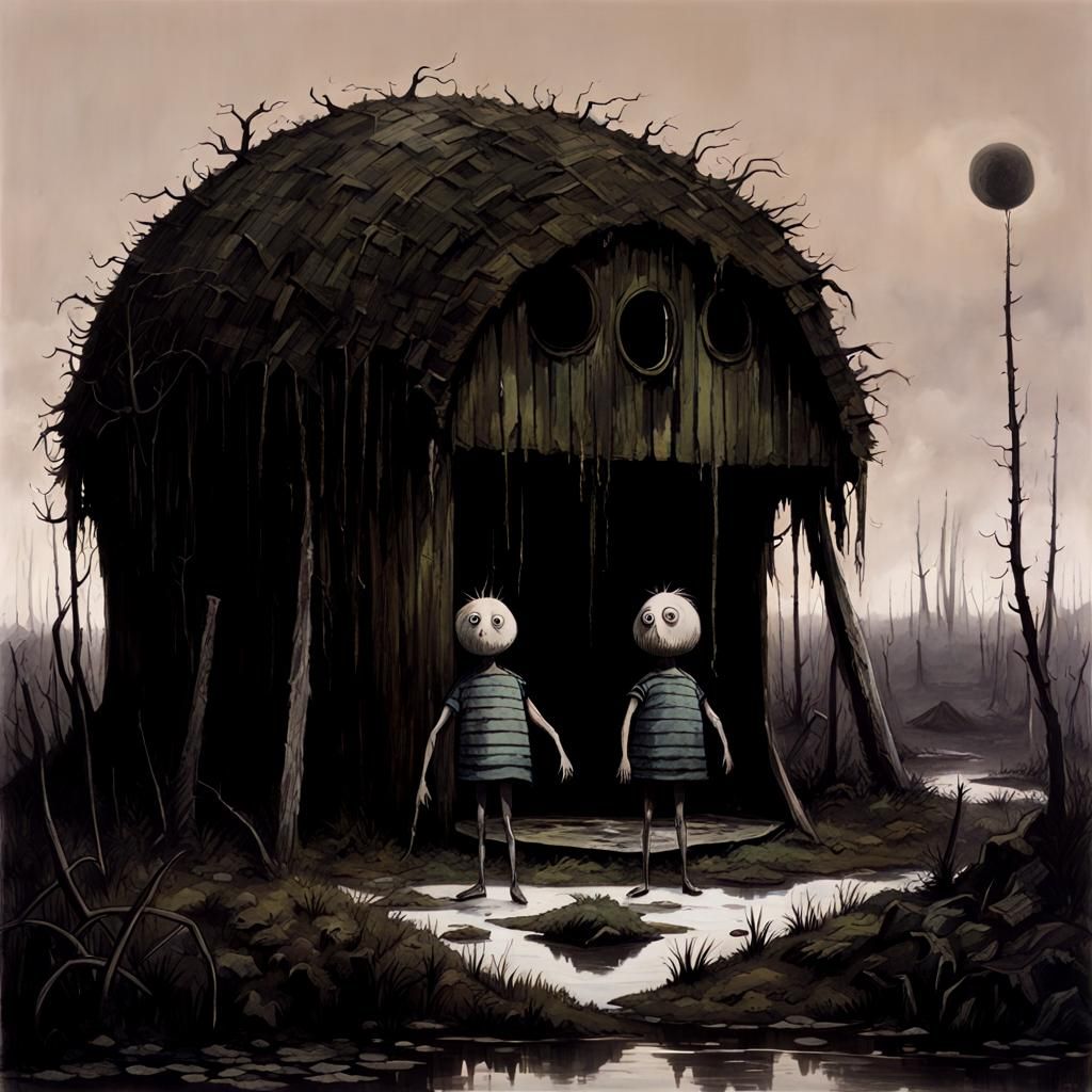 Unsettling Bog Shelter, in Surreal Gothic Style