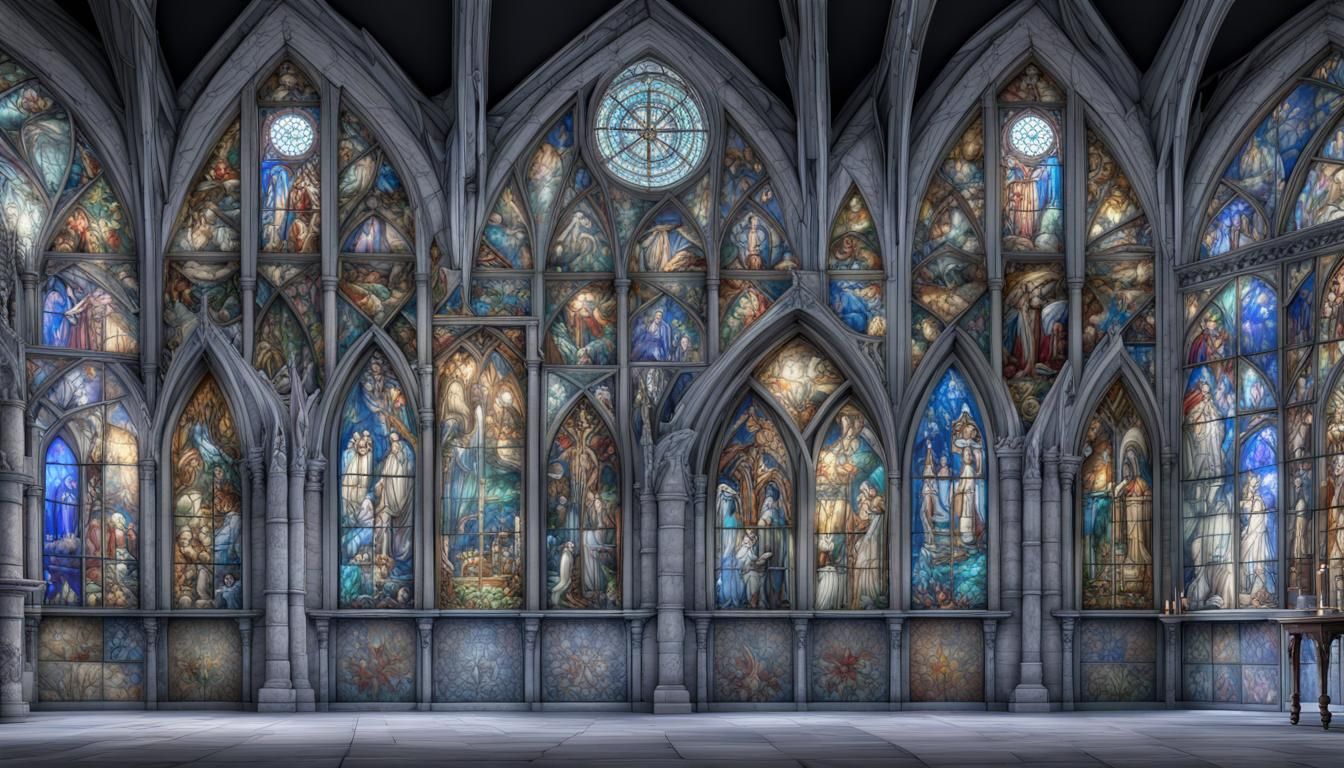 a Gothic-style wall with wooden panels, decorated with a tapestry with a Medieval plot, frescoes, paintings, interior in...