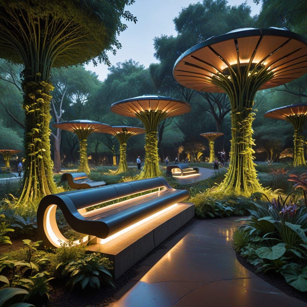 Sustainable Oasis: Futuristic Park with Solar-Powered Benche...