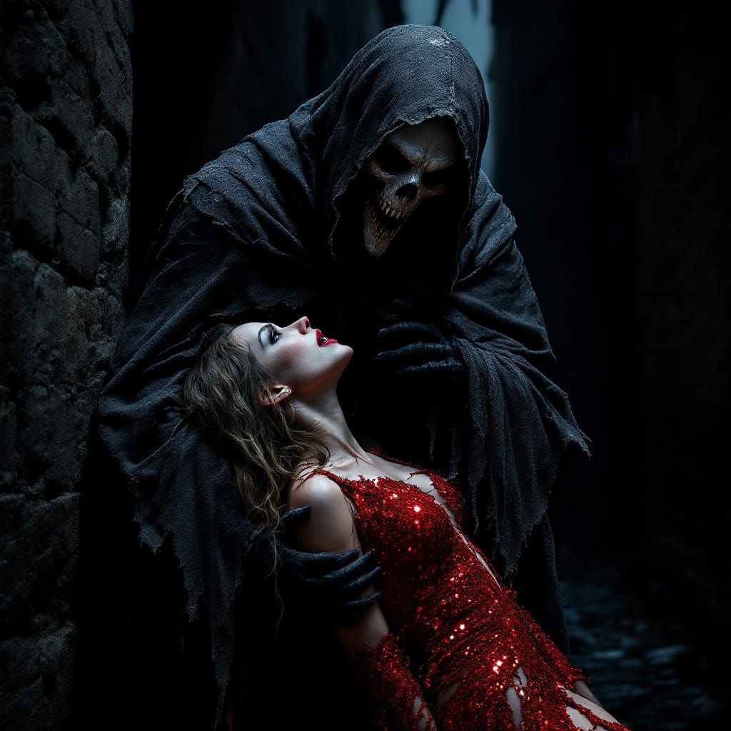 Grim Reaper Grappling Woman in Dark Alley
