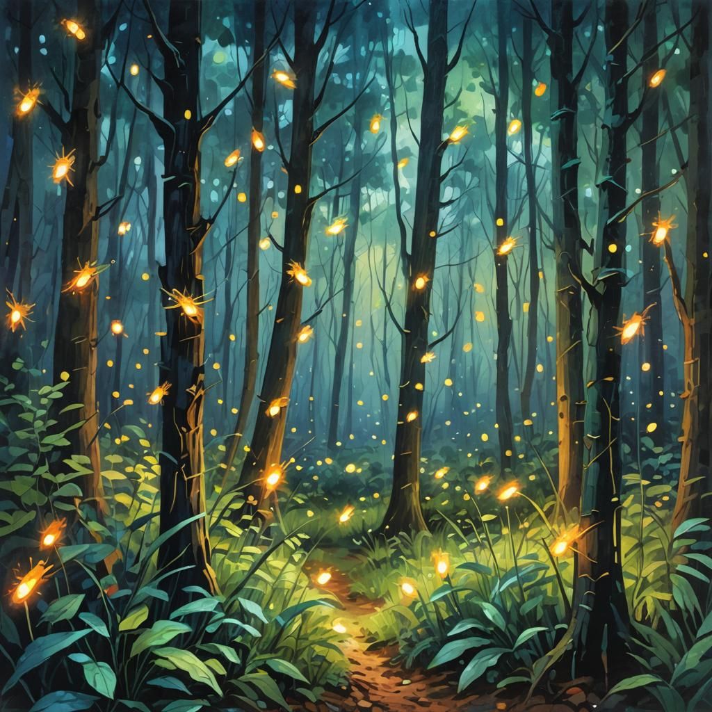 Fireflies in Forest: Gouache and Watercolor Impressionism