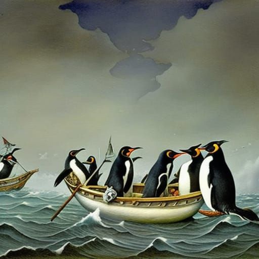 Penguin Pirates on Raging Sea: Watercolor Storybook Illustra...