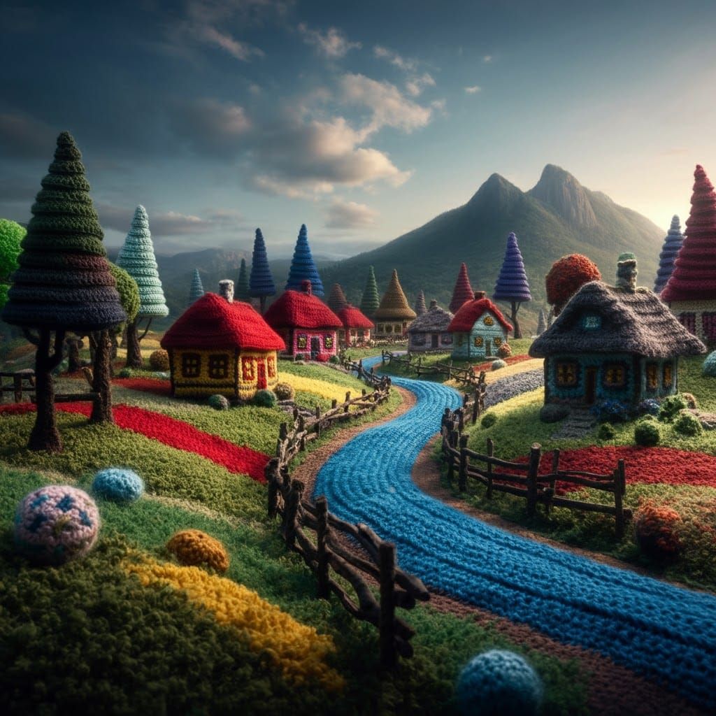 Crocheted Village in Yarn Landscape: Ultra-Fine Detail