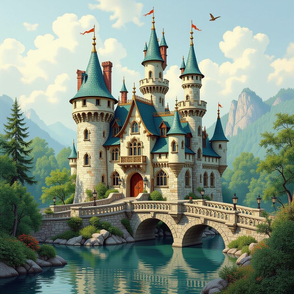 Majestic Fairy Tale Castle with Stone Bridge