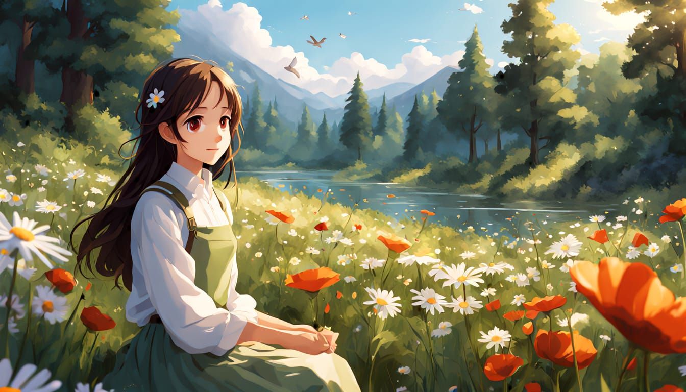 Anime Girl in Meadow Caring for Sapling