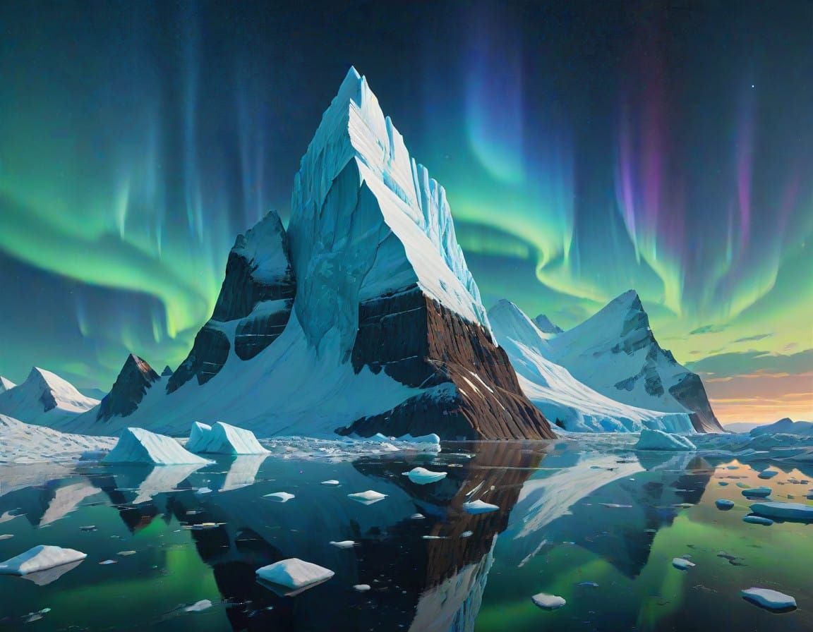 Aurora Borealis Illuminates a Majestic Iceberg in the Arctic...