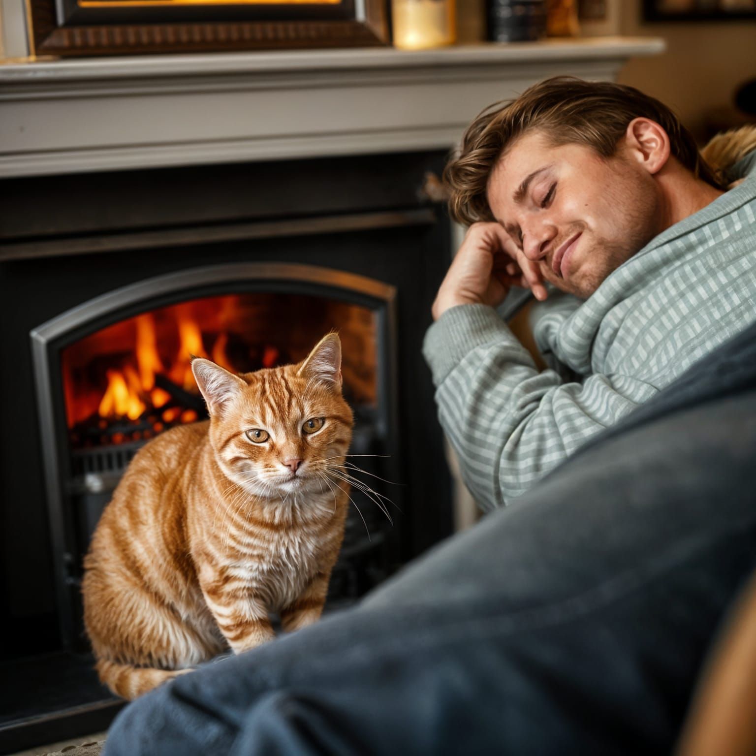 Ginger Tabby Cat Enjoys Warmth by Electric Fire