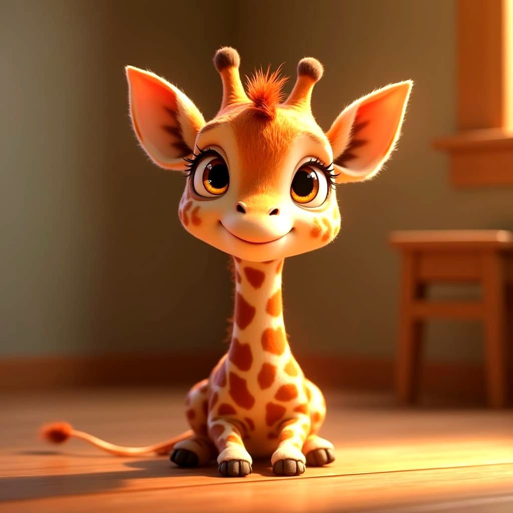 Cute and Expressive Baby Giraffe in Pixar-Style 3D Animation
