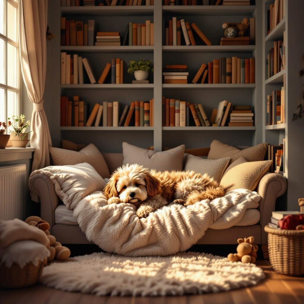 Fluffy Dog Rests in Cozy, Whimsical Dream Bedroom