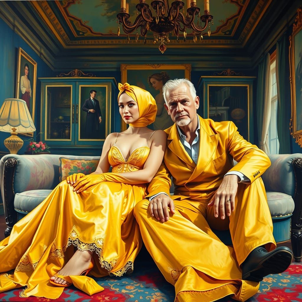 Vibrant, realistic oil painting of a woman and man in a lavi...