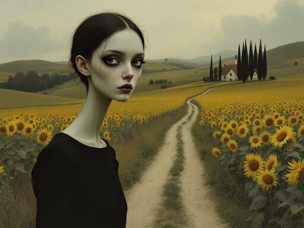 Mysterious Woman in a Serene Countryside