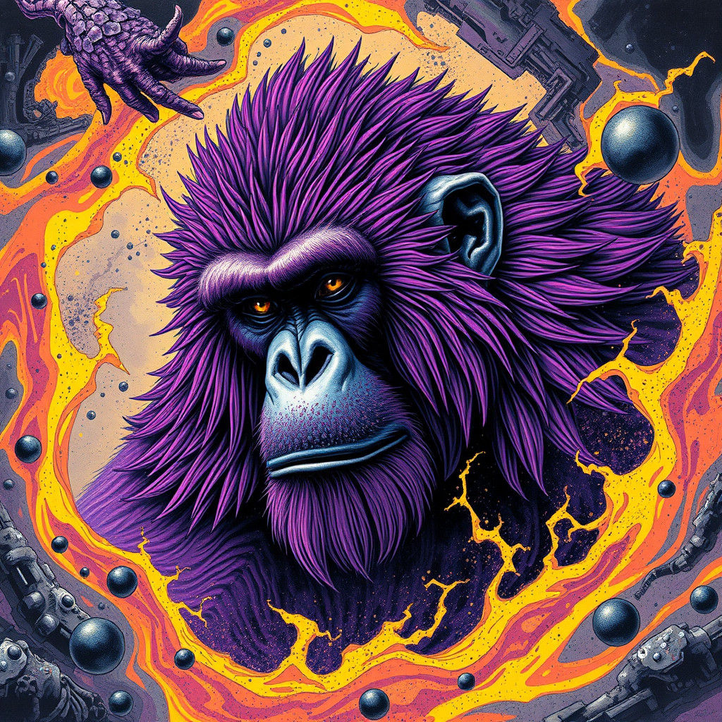 Majestic Purple Ape in a Surreal Industrial Wasteland