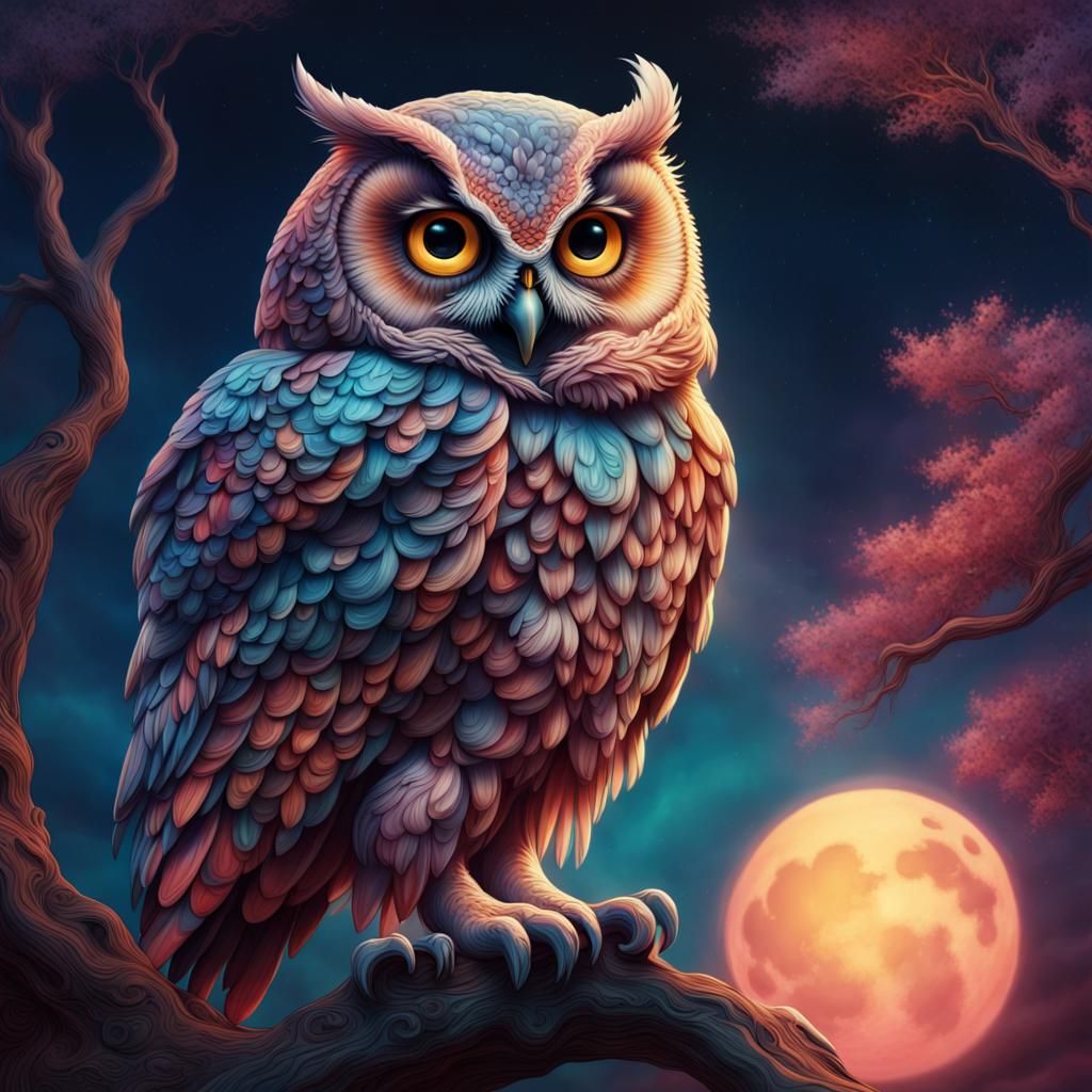 Colorful Owl Against Large Moon in Fantasy Art