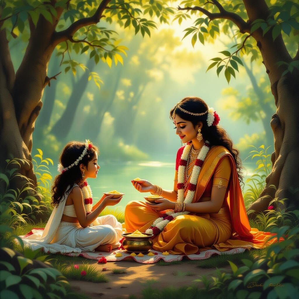 Rupa Goswami and Radha's Offering in Golden Light