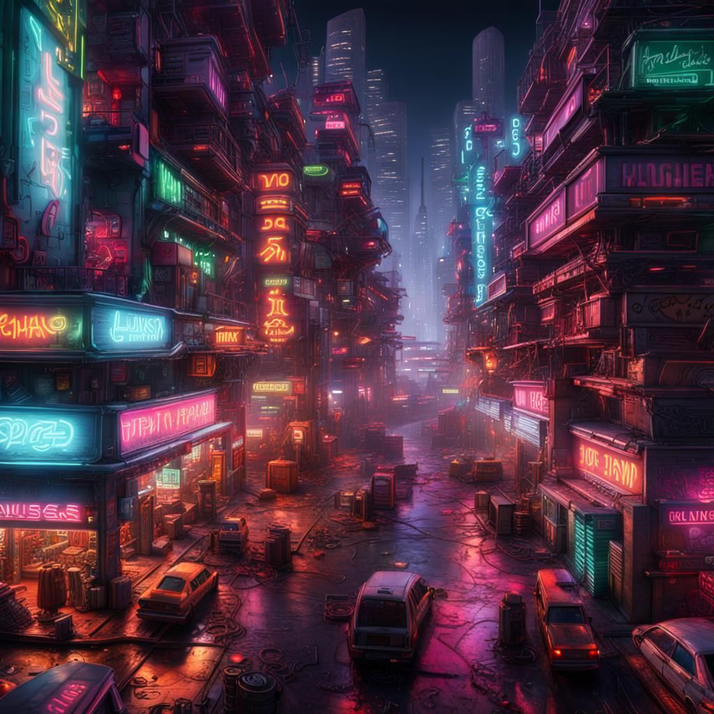 Dystopian Cityscape at Night in a Dark Fantasy Style