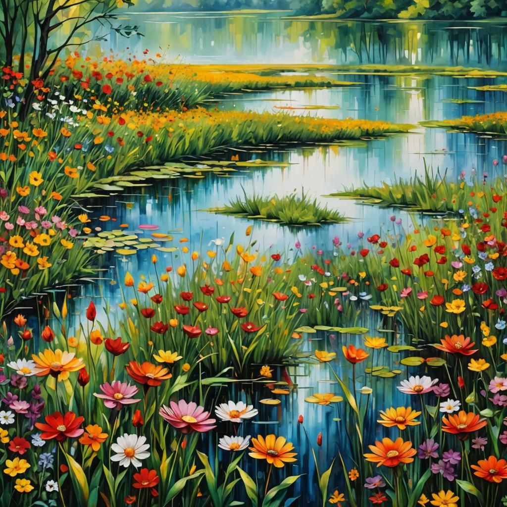 Flower Field and Pond in Impasto Style