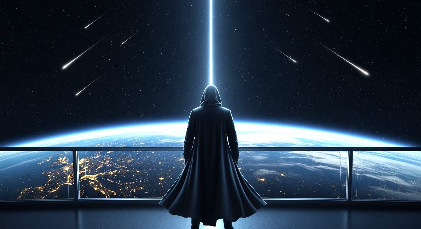 Figure Gazes at Earth from Orbit in Hyper-Realistic Style