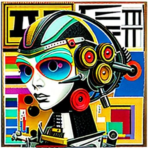 Abstract Robot Portrait in Mixed Media Collage