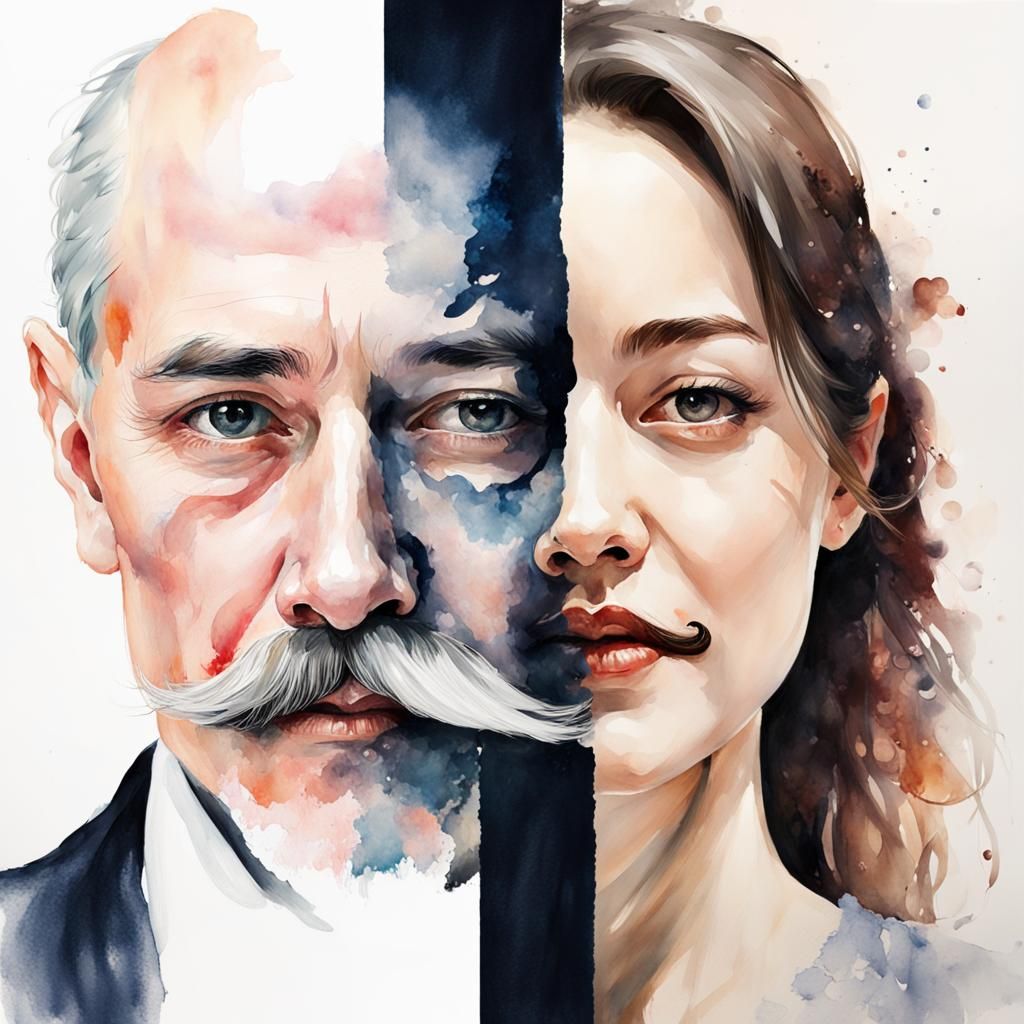 Split Portrait: Woman and Man in Watercolor Style