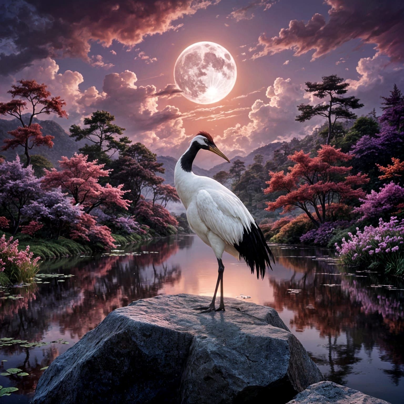 East Asian Moonlight River Landscape with Rowboat