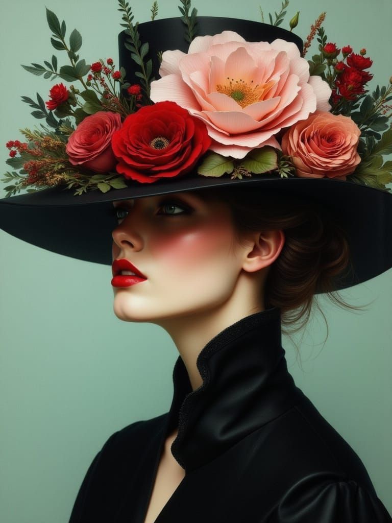 Mixed Media Portrait of a Woman with Flowers in Hat