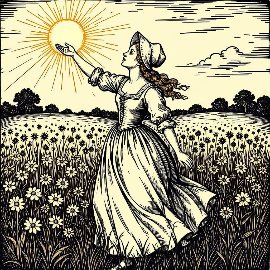 Colonial Woman in Wildflower Field, Woodcut Style