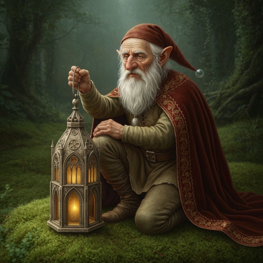 Ancient Gnome with Lantern in Gothic Cathedral Style