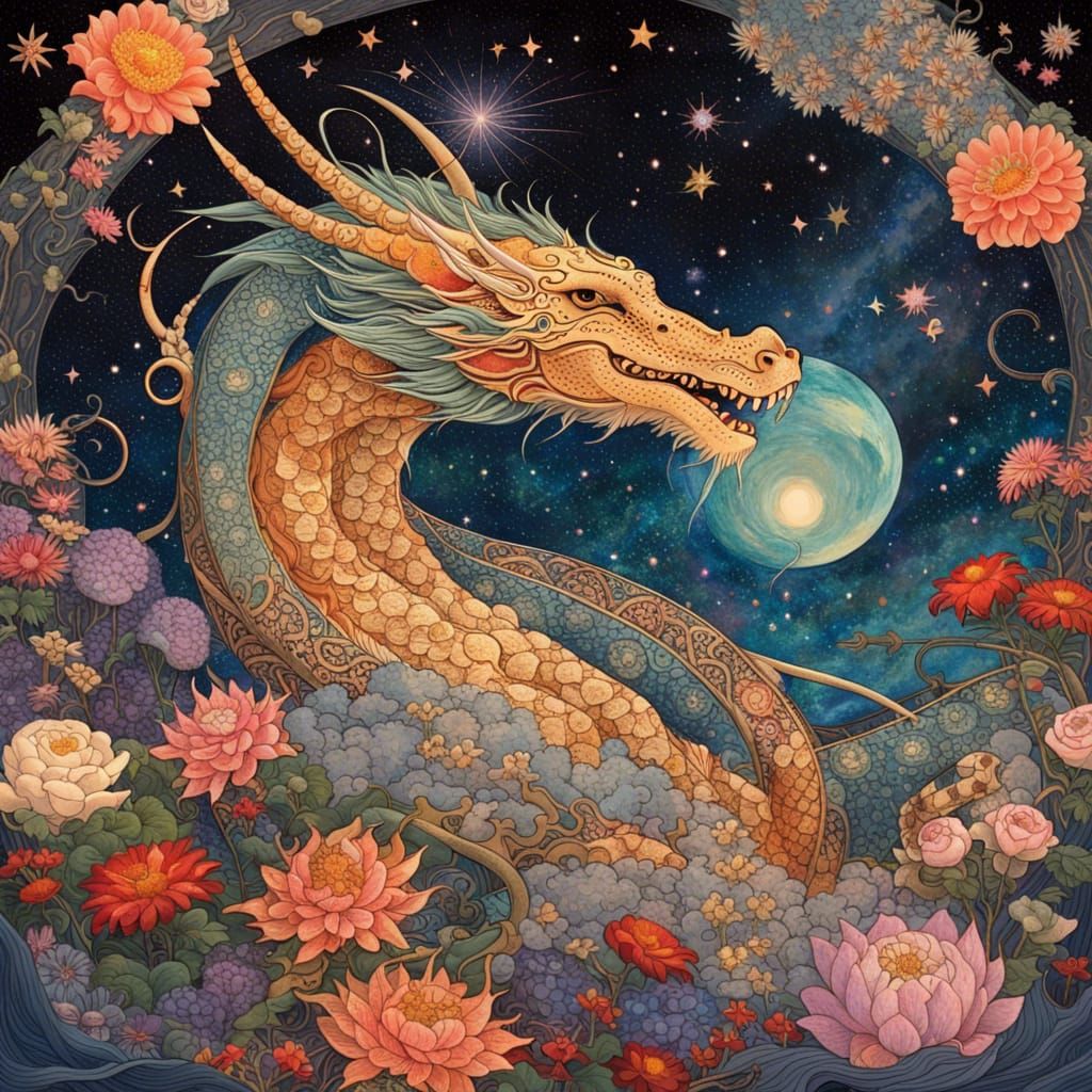 Celestial Dragon God in Japanese Woodblock Style