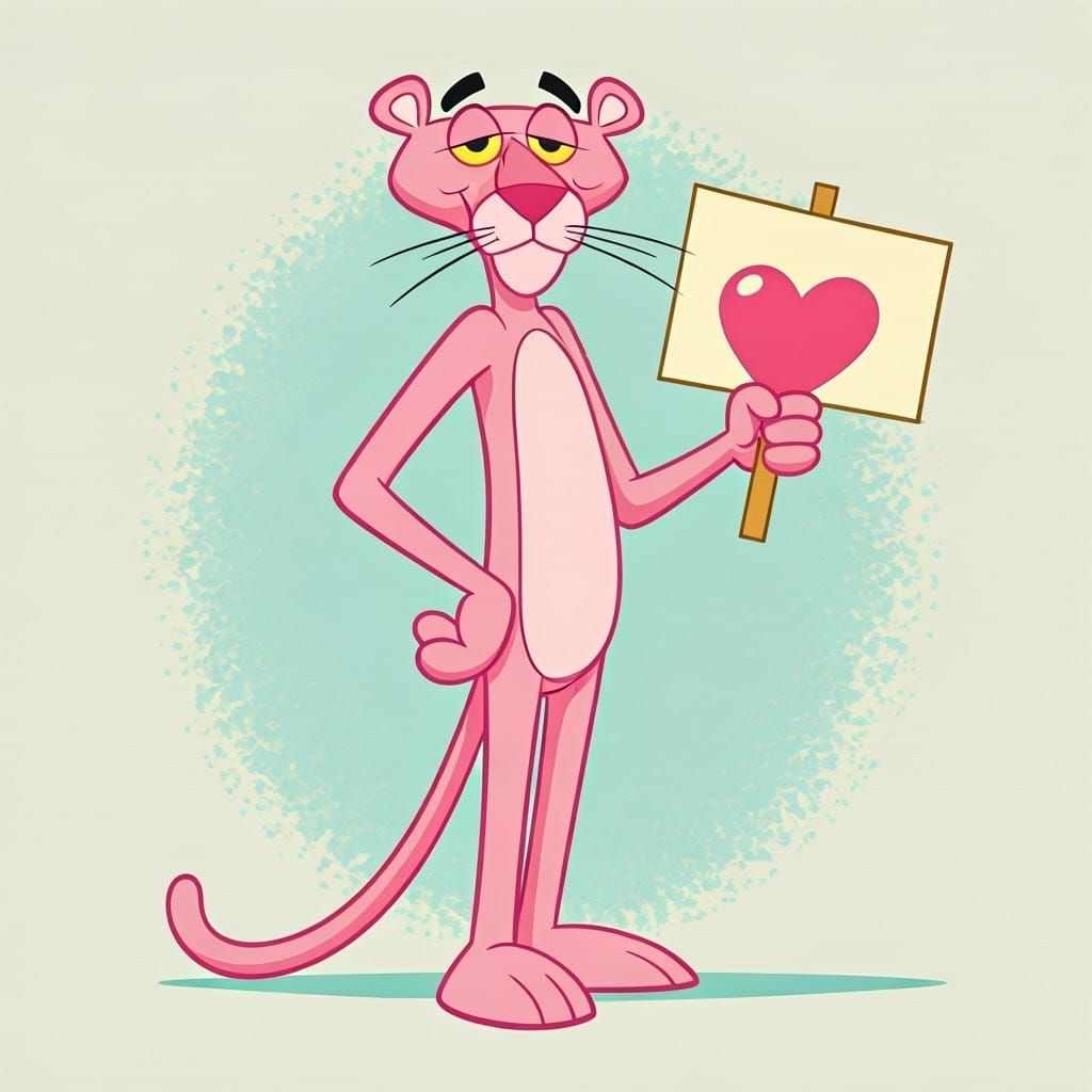 Pink Panther with Heart Sign in Classic Cartoon Style