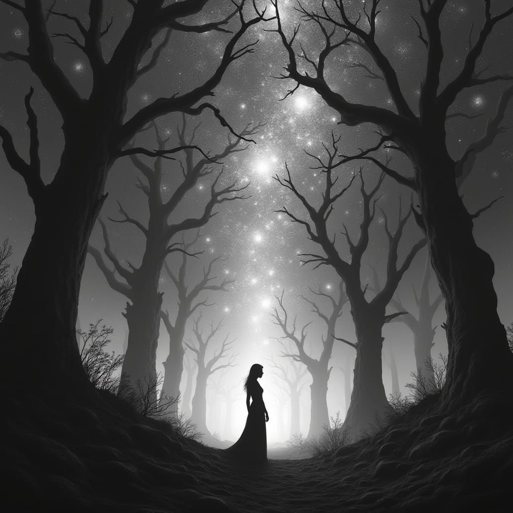 Woman in Spectral Forest Against Bioluminescent Nebula
